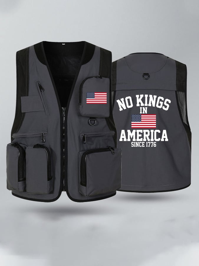 No Kings In America Print Cargo multi-pocket casual vest