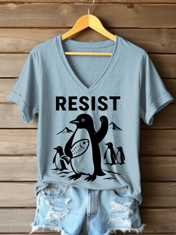 Women's Penguins Resist Printed V Neck T-shirt