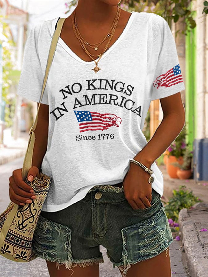 V-neck Retro No Kings In America Since 1776 Print T-Shirt
