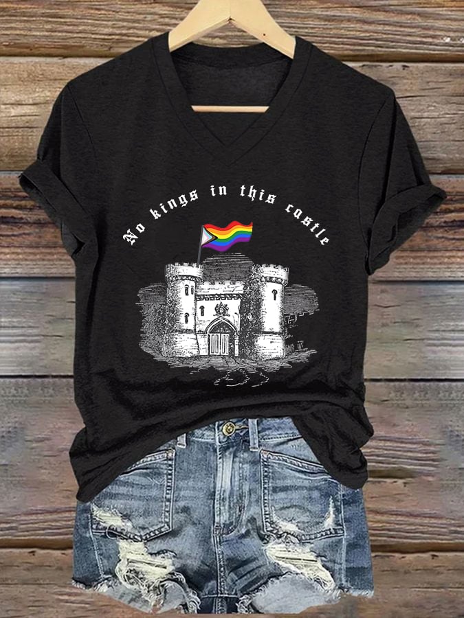 V-Neck Retro No Kings In This Castle Print T-Shirt