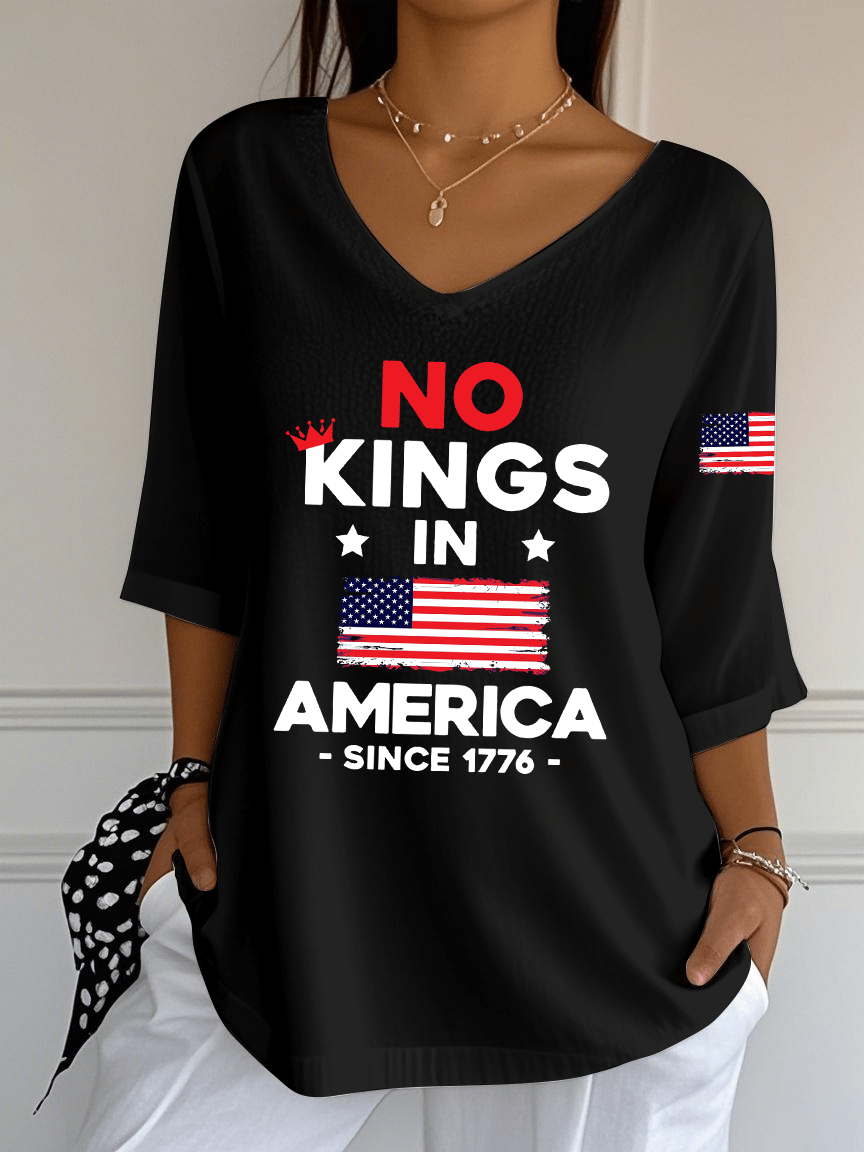 Women's No King In America Print Striped Fabric Casual V-Neck T-Shirt