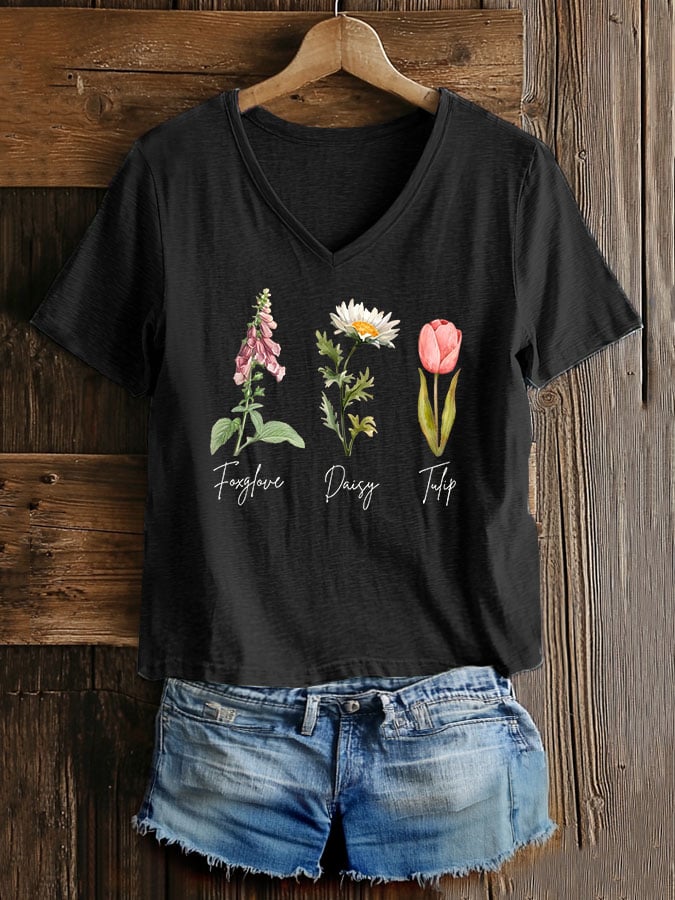 Women's Casual Fashion Floral Fdt Print T-Shirt