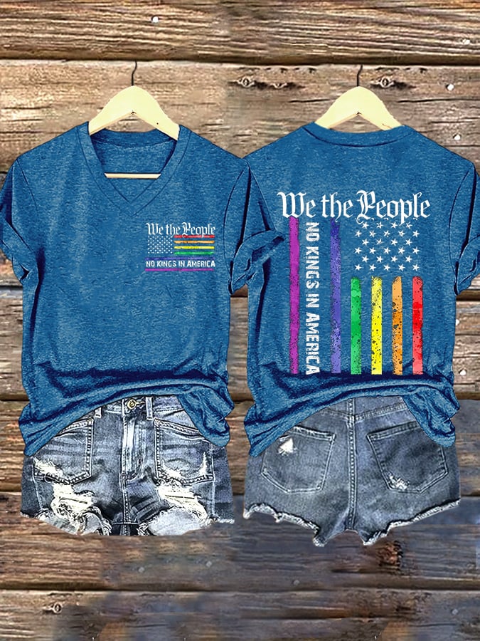V-Neck Retro We The People No Kings In America Print T-Shirt