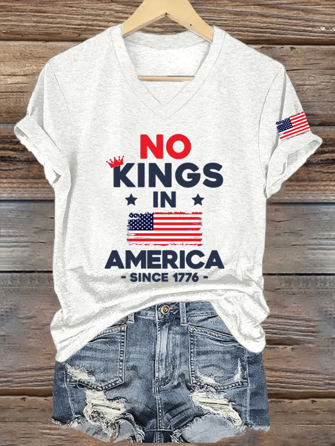 Women's No King In America Printed V-Neck T-Shirt