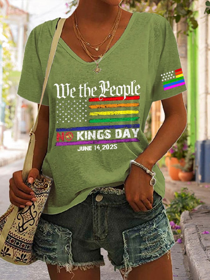 V-neck We The People No Kings Day June 14, 2025 Print T-shirt