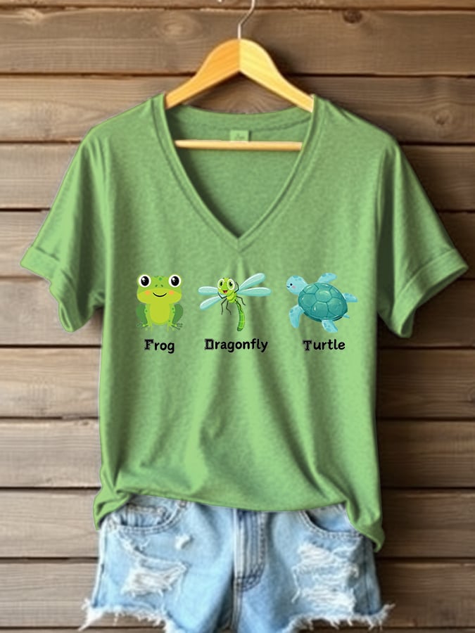 Women's Frog Dragonfly Turtle Printed V Neck T-shirt
