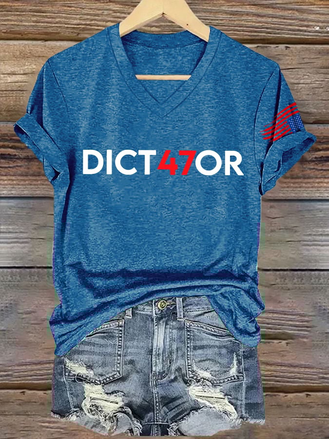 V-Neck Retro Dict47or Print T-shirt