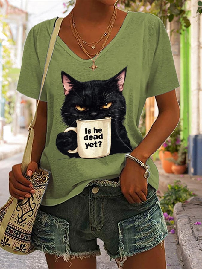 Women's Casual Cat Cotton Multicolor T-shirt