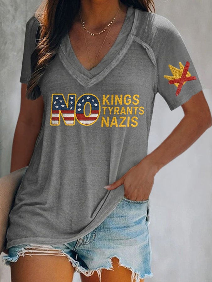V-Neck Retro No Kings No Tyrants No Nazis Print T-Shirt