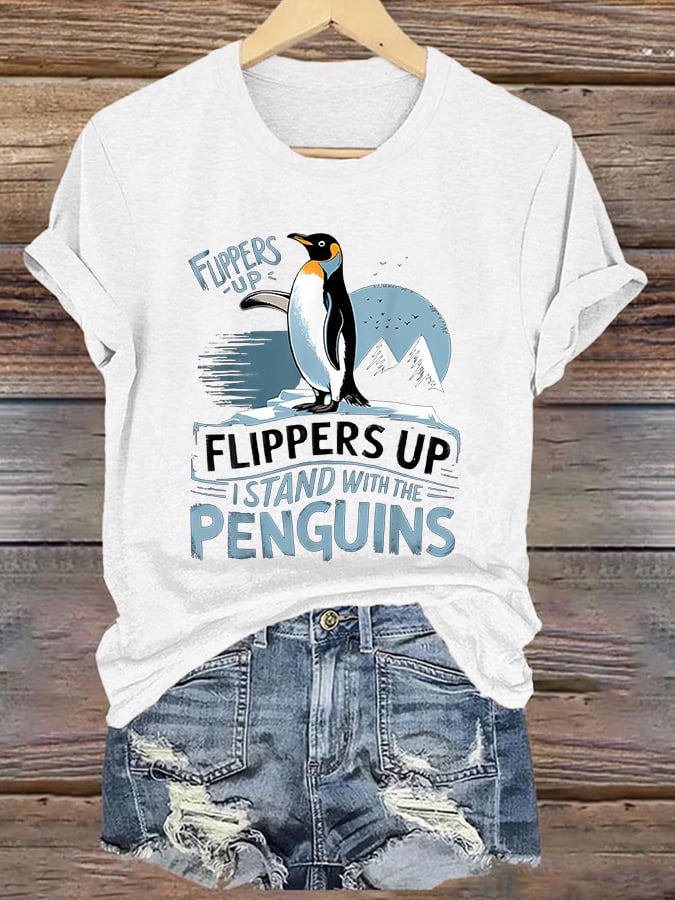 Women's Retro Penguins Flippers Up I Stand With The Penguins Print T-Shirt