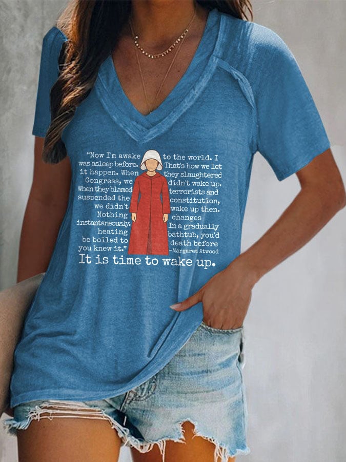 V-Neck Retro It Is Time To Wake Up Print T-Shirt