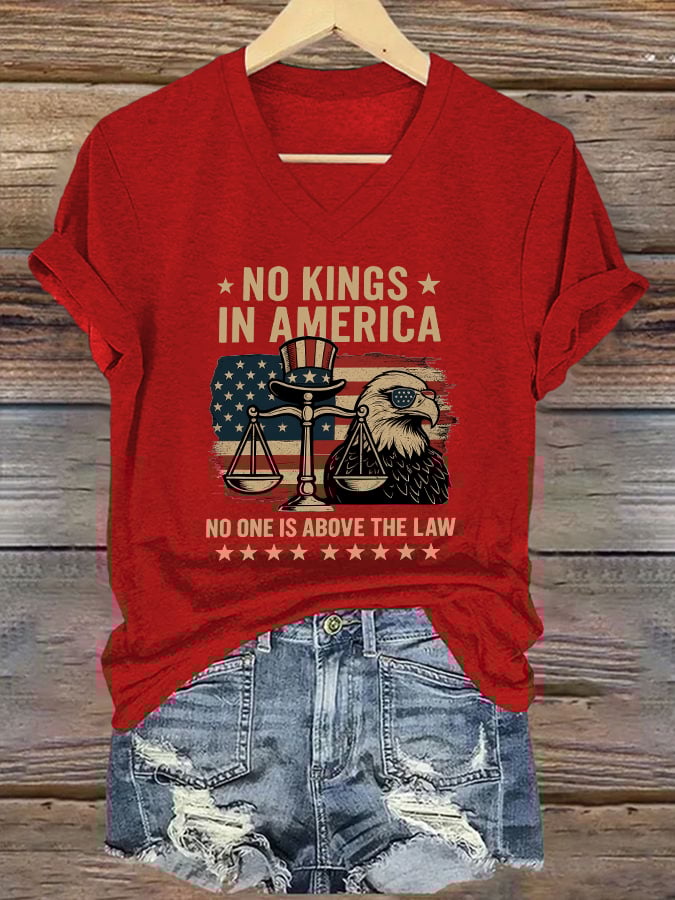 V-Neck Retro No Kings In America No One Is Above The Law Print T-Shirt