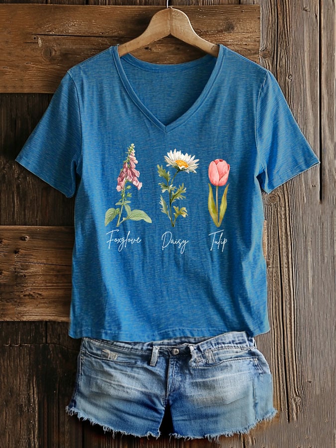 Women's Casual Fashion Floral Fdt Print T-Shirt