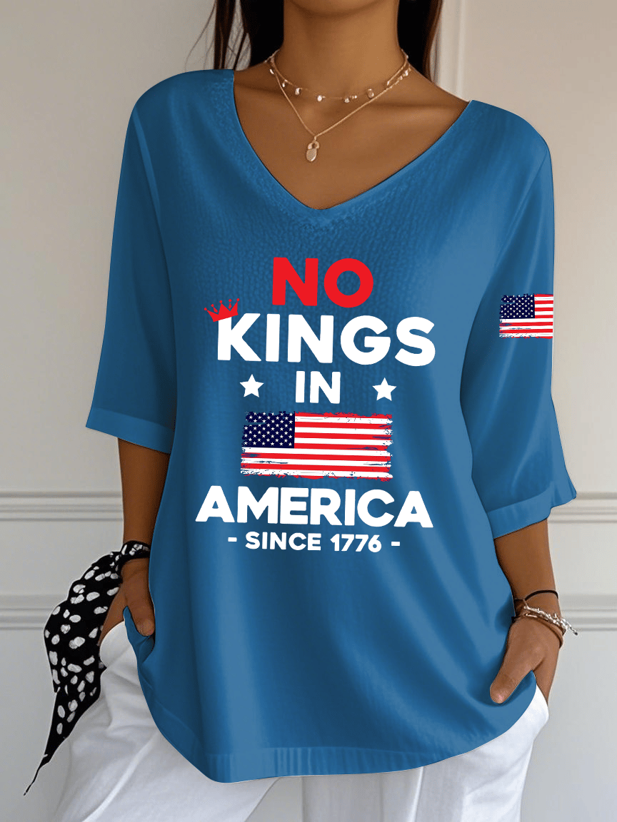 Women's No King In America Print Striped Fabric Casual V-Neck T-Shirt