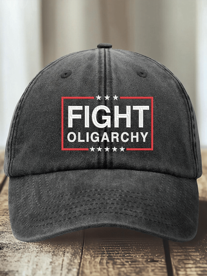 Unisex Distressed Washed Cotton Fight Oligarchy Print Hat