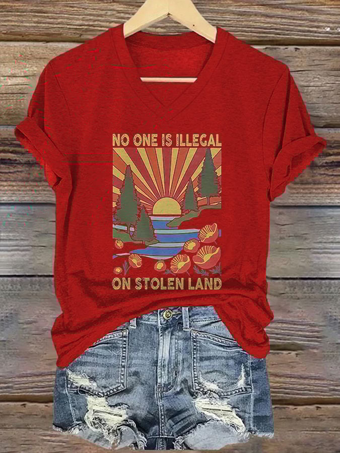 Women's No One Is Illegal On Stolen Land Print Casual T-Shirt