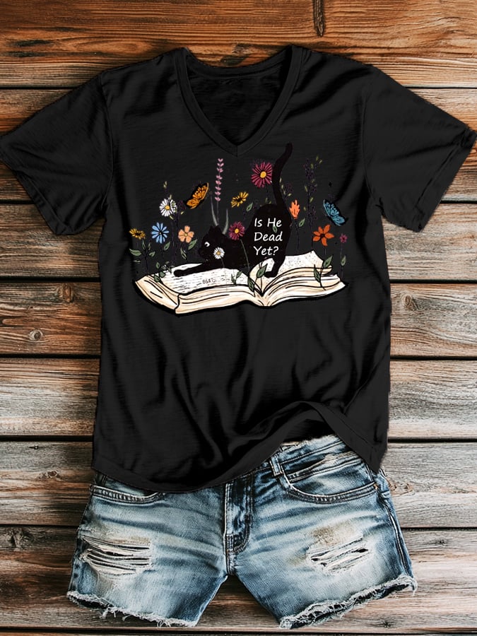 Women's casual fashion FDT cat V-neck T-shirt