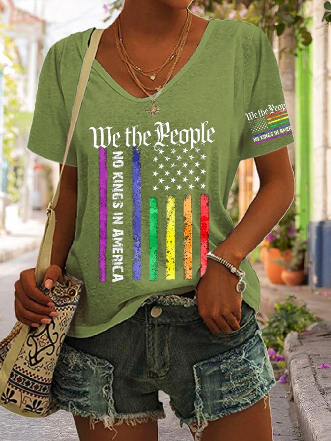 V-Neck Retro We The People No Kings In America Print T-Shirt