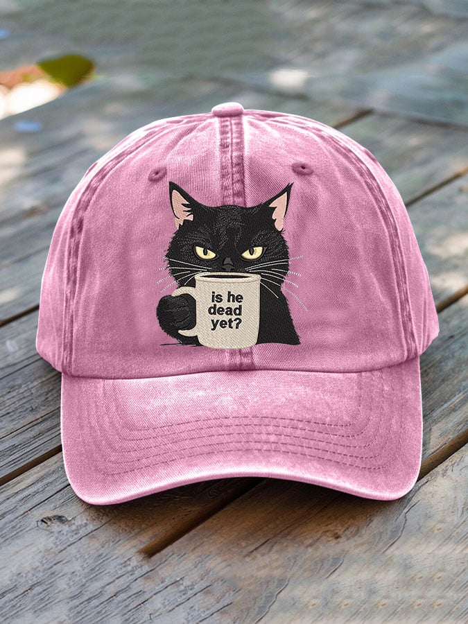 Unisex Washed Cotton Black Cat Is He Dead? Embroidered Hat