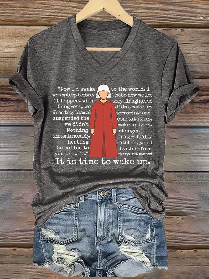 V-Neck Retro It Is Time To Wake Up Print T-Shirt