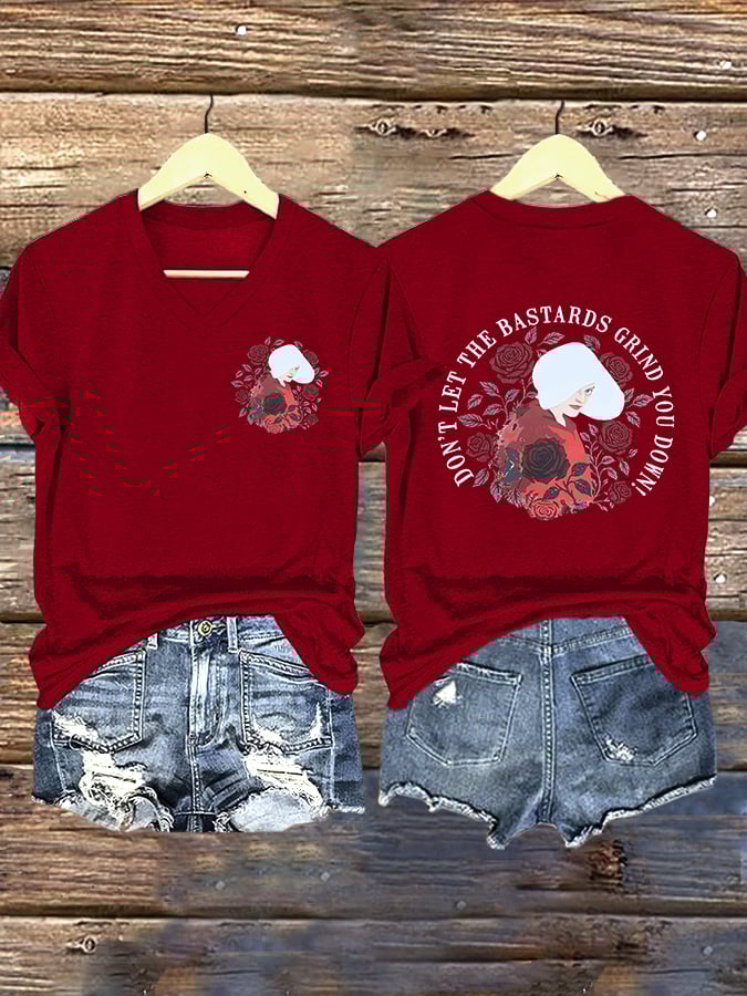 V-Neck Retro Don't Let The Bastards Grind You Down Print T-Shirt