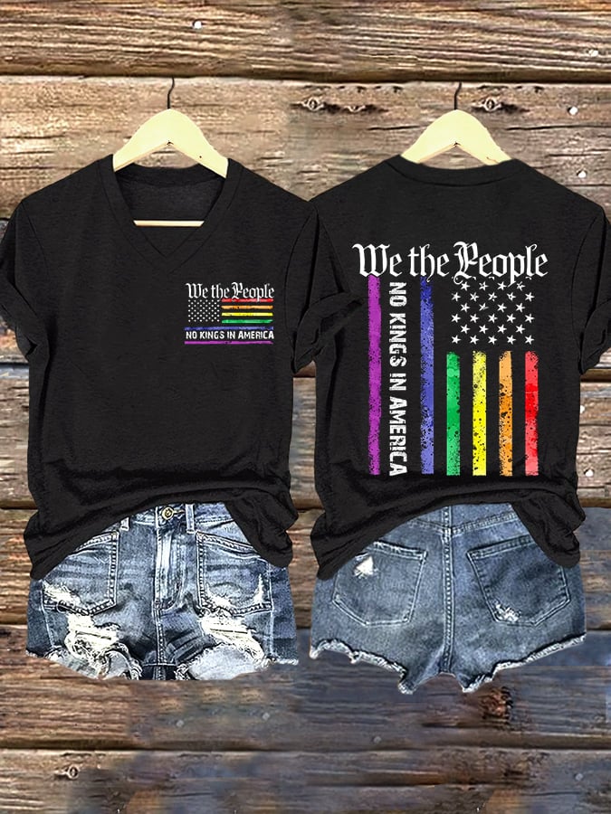 V-Neck Retro We The People No Kings In America Print T-Shirt
