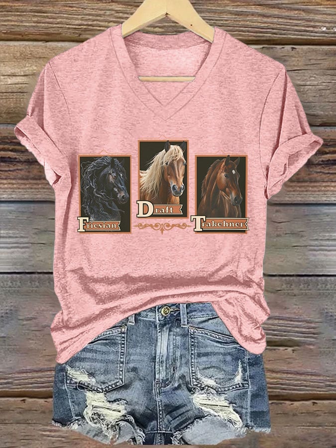 Women's casual fashion FDT horse print T-shirt