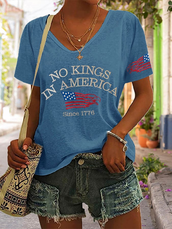 V-neck Retro No Kings In America Since 1776 Print T-Shirt