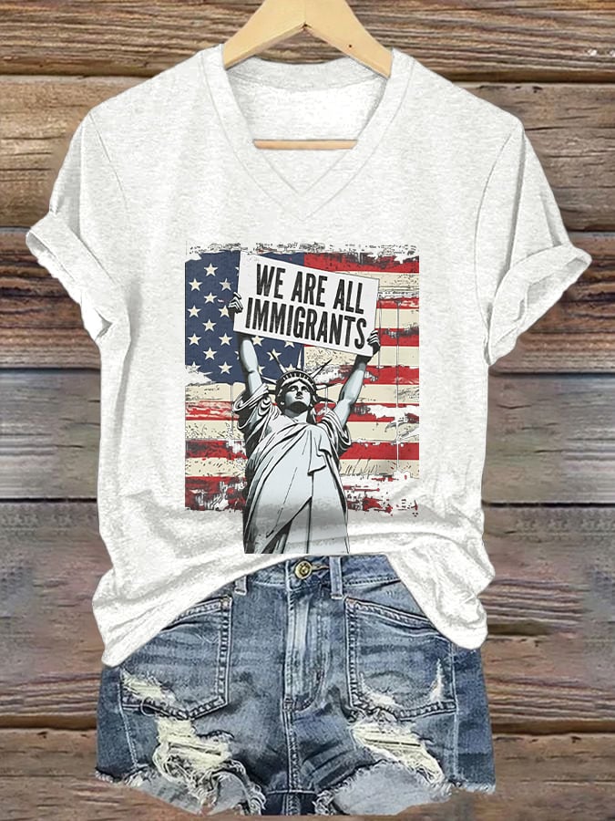 V-Neck Retro We Are All Immigrants Print T-Shirt