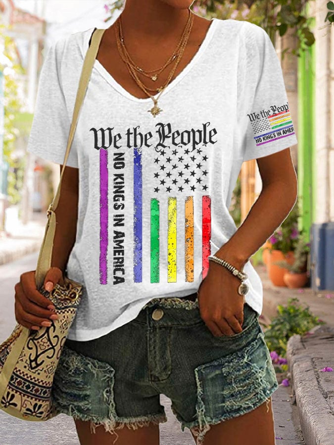 V-Neck Retro We The People No Kings In America Print T-Shirt