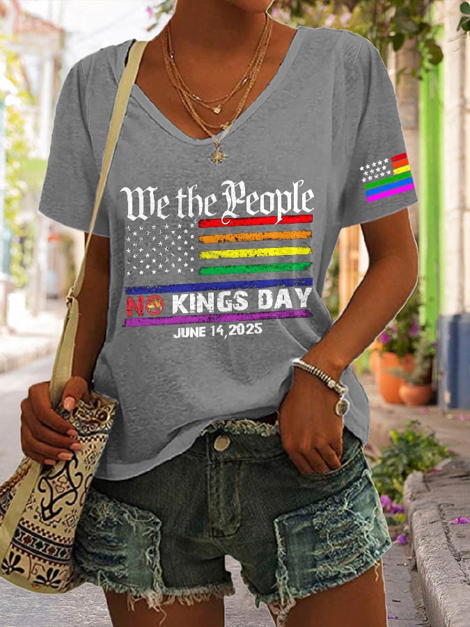 V-neck We The People No Kings Day June 14, 2025 Print T-shirt