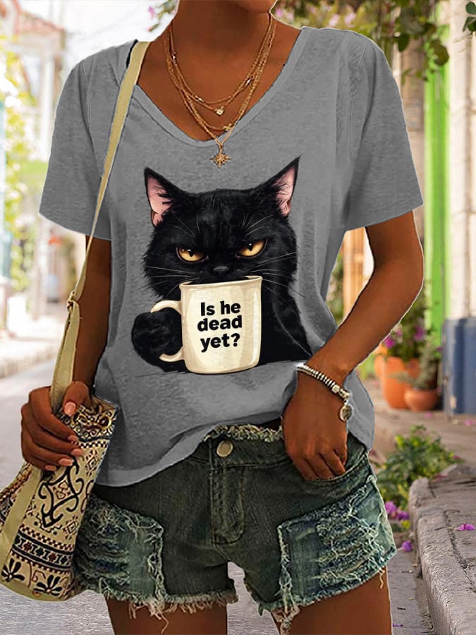 Women's Casual Cat Cotton Multicolor T-shirt