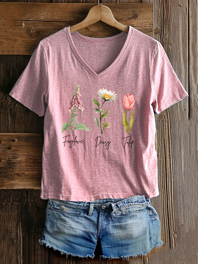 Women's Casual Fashion Floral Fdt Print T-Shirt