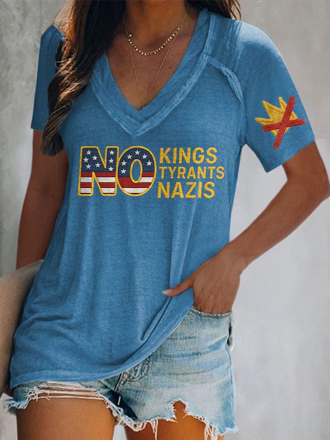 V-Neck Retro No Kings No Tyrants No Nazis Print T-Shirt
