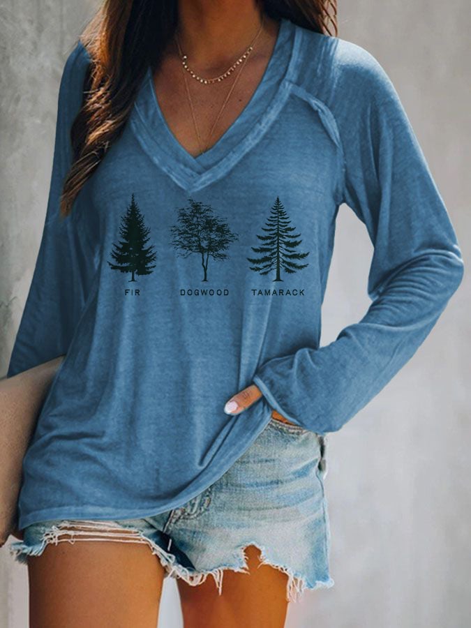 Women's fashion casual retro FDT tree long-sleeved T-shirt