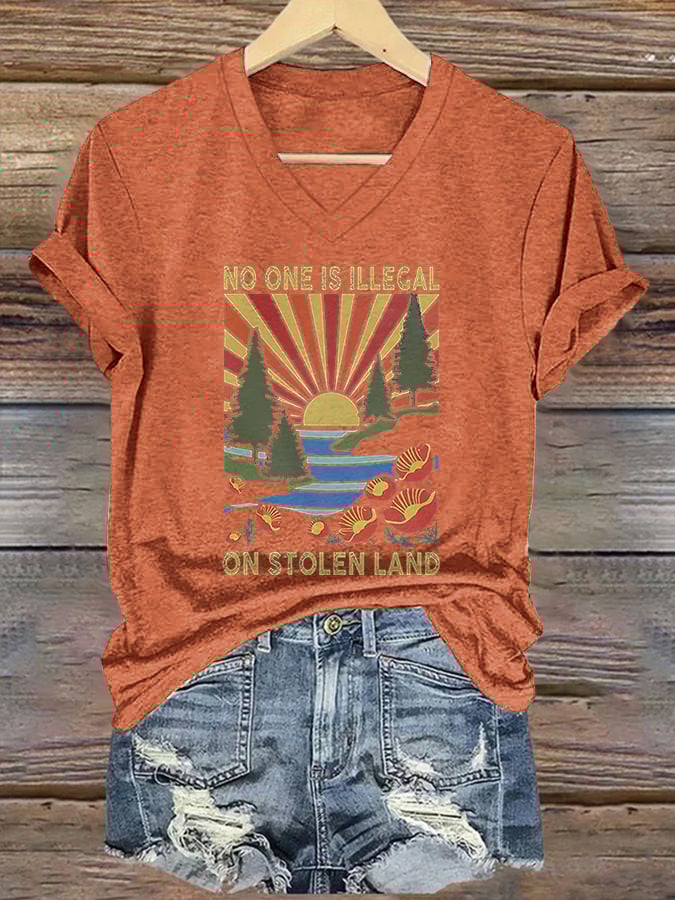Women's No One Is Illegal On Stolen Land Print Casual T-Shirt