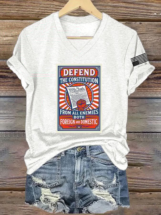 V-Neck Retro Defend The Constitution From All Enemies Both Foreign And Domestic Print T-Shirt