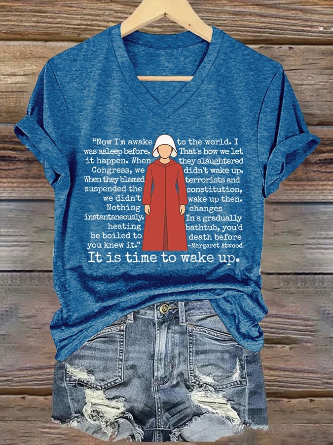 V-Neck Retro It Is Time To Wake Up Print T-Shirt