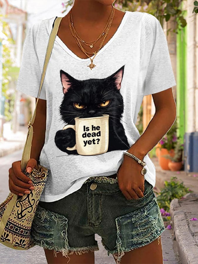 Women's Casual Cat Cotton Multicolor T-shirt