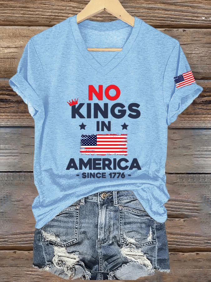 Women's No King In America Printed V-Neck T-Shirt