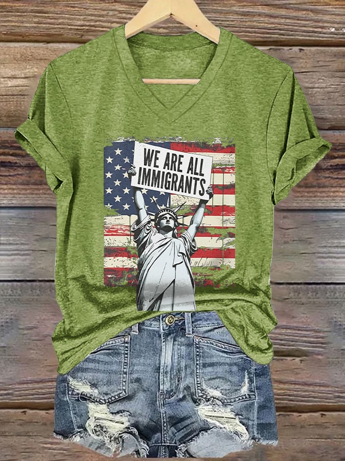 V-Neck Retro We Are All Immigrants Print T-Shirt