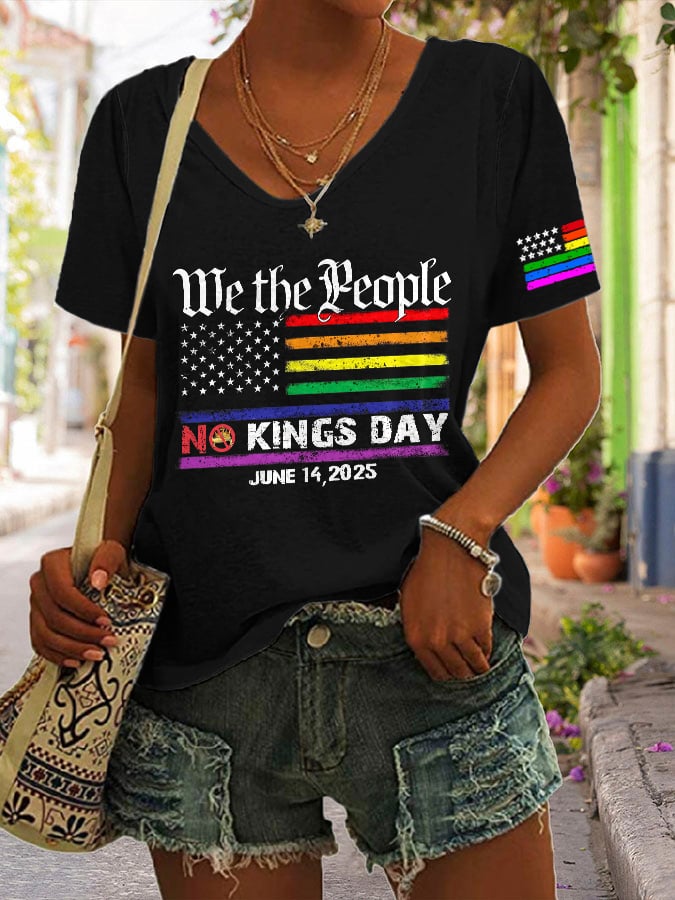 V-neck We The People No Kings Day June 14, 2025 Print T-shirt