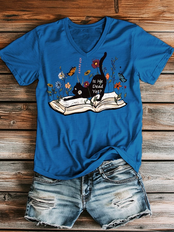 Women's casual fashion FDT cat V-neck T-shirt