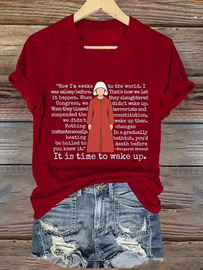 V-Neck Retro It Is Time To Wake Up Print T-Shirt