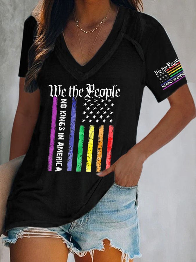 V-Neck Retro We The People No Kings In America Print T-Shirt