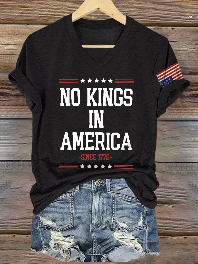 V-Neck Retro No Kings In America Since 1776 Print T-Shirt