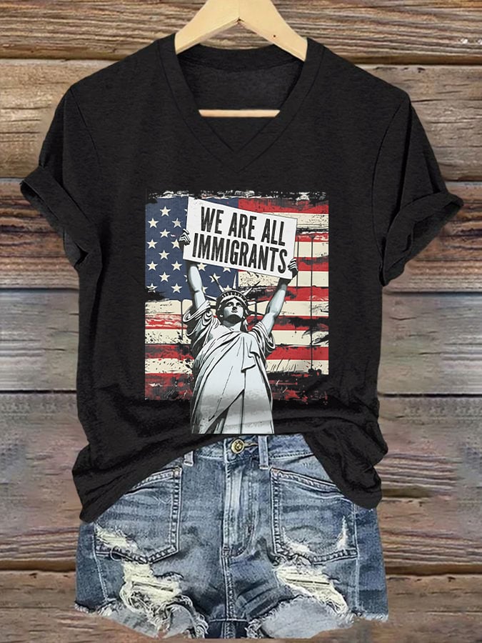 V-Neck Retro We Are All Immigrants Print T-Shirt