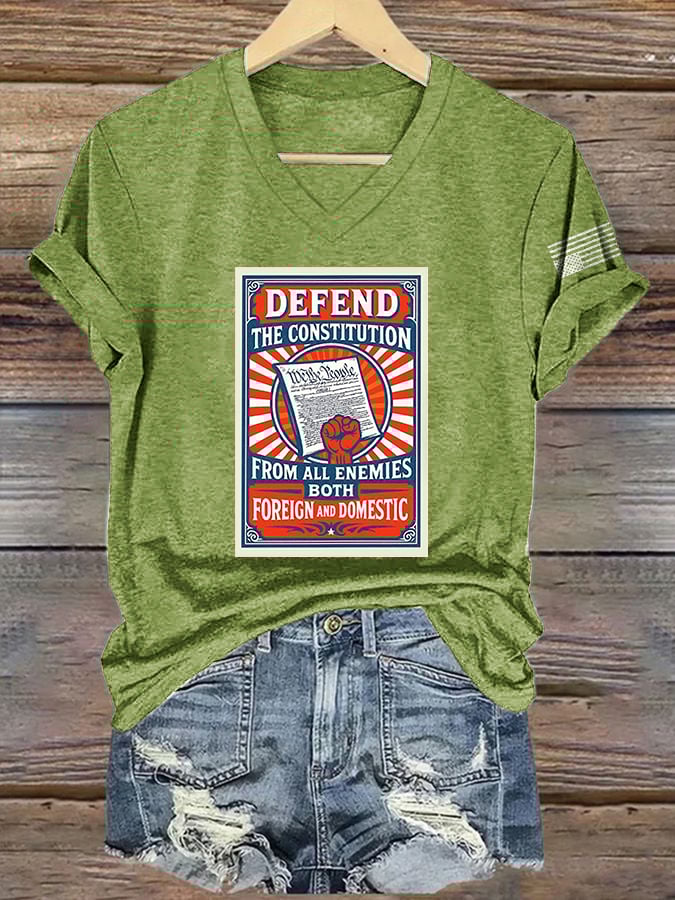 V-Neck Retro Defend The Constitution From All Enemies Both Foreign And Domestic Print T-Shirt