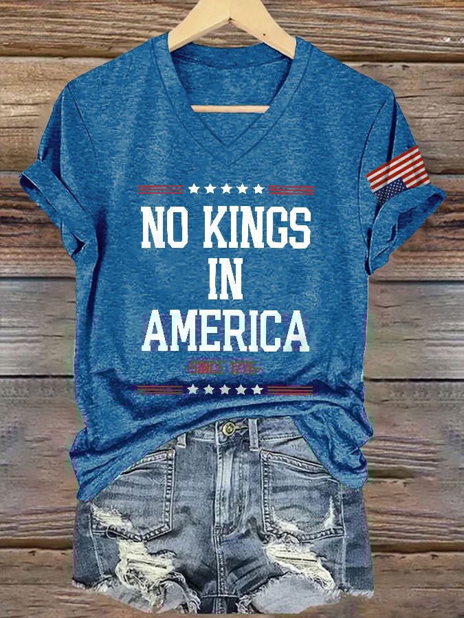 V-Neck Retro No Kings In America Since 1776 Print T-Shirt