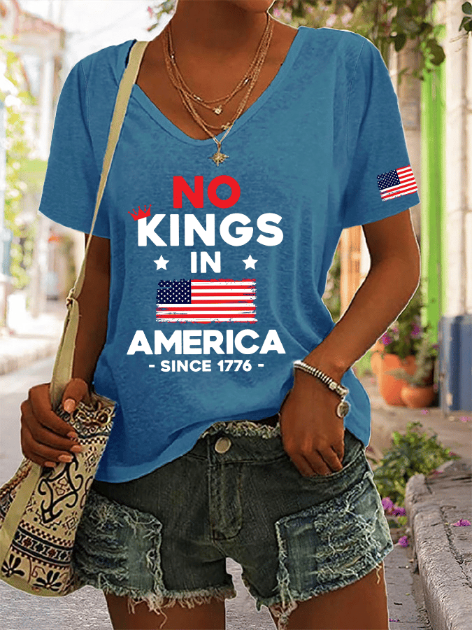 Women's No King In America Printed V-Neck T-Shirt